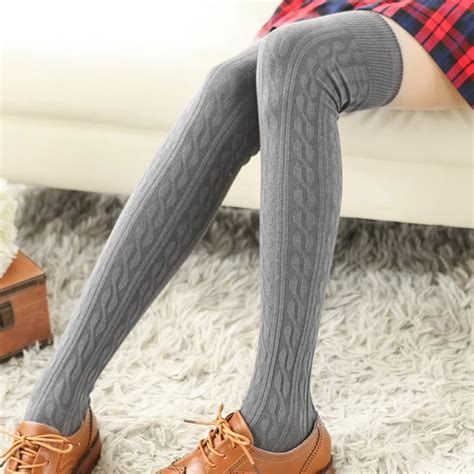 Women Girl Spring Autumn Over Knee Long Solid Color Braided Cable Knit