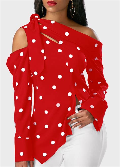 Long Sleeve Polka Dot Print Asymmetric Hem Red Blouse