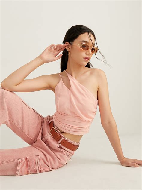 One Shoulder Cut Out Top Nude Pomelo Fashion