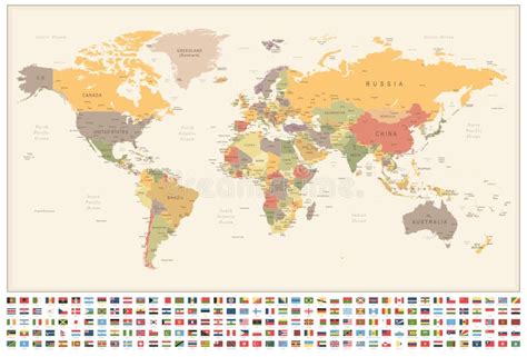 World Map And Flags Borders Countries And Cities Vintage