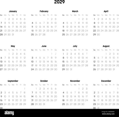 Calendario Mensual Del Año 2029 La Semana Comienza El Domingo Bloque