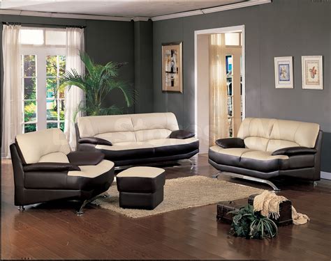 Living Room Cream And Black Leather Sofa On Brown Wooden Floor