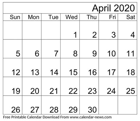 April 2020 Calendar By Month Pdf Excel And Word Download
