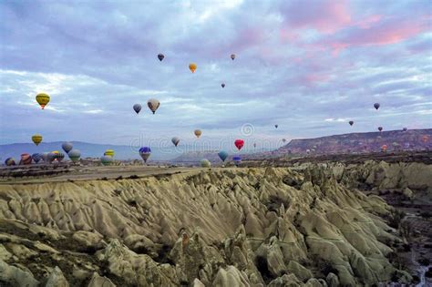 Hot Air Balloon Flying Over Spectacular Love Valley Cappadocia Stock