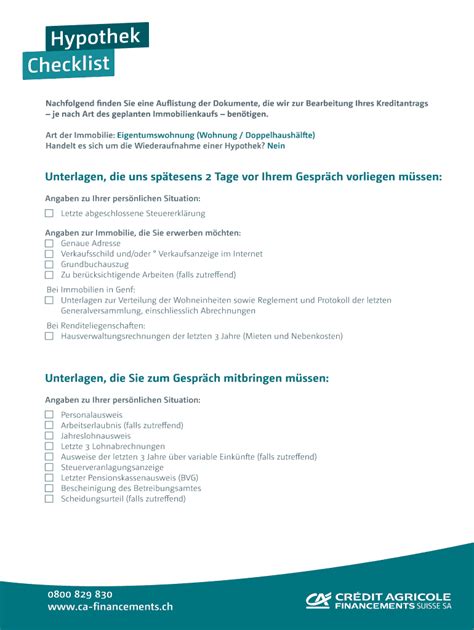 Ausf Llbar Online Ca Financements Hypothek Checklist Eigentumswohnung