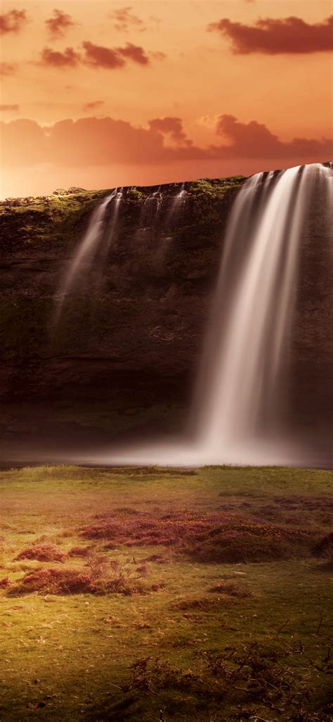 Waterfalls Wallpaper 4k Sunrise Orange Sky Clouds Grass Landscape