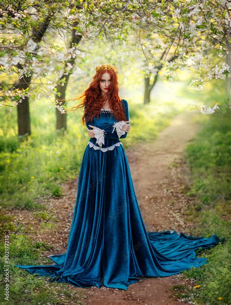 Redhead Fantasy Woman Queen Blue Long Velvet Medieval Dress Vintage Clothing Red Curly Hair