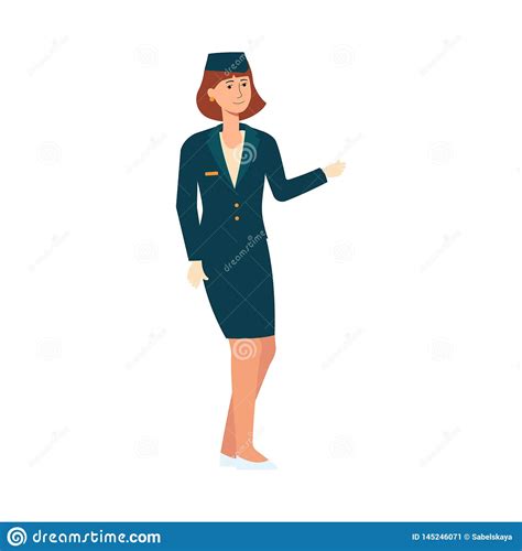 Stewardess Or Pilot Woman In Uniform Welcomes Passengers Flat Isolated