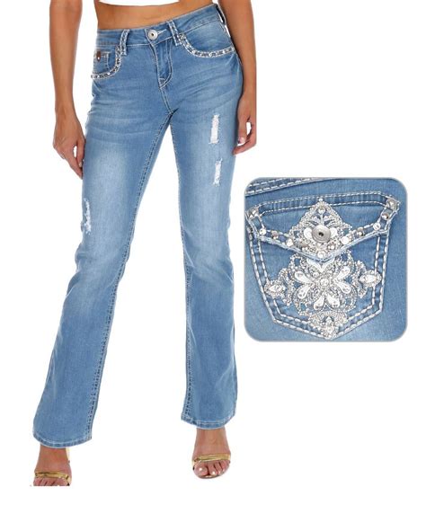 Sexy Couture Womens Rhinestone Mid Rise Boot Cut Light Wash Denim Jeans
