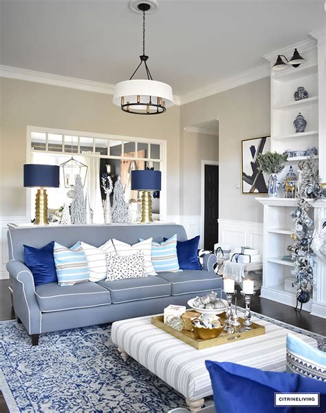 Christmas Home Tour Living Room With Blue White And Gold