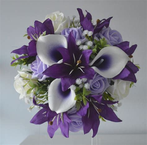 purple silk tiger lily wedding flowers faux lily and rose bouquets