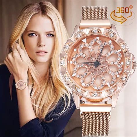 Luxury Floral Gold Watch Women Special Design Rotation Diamond Watches