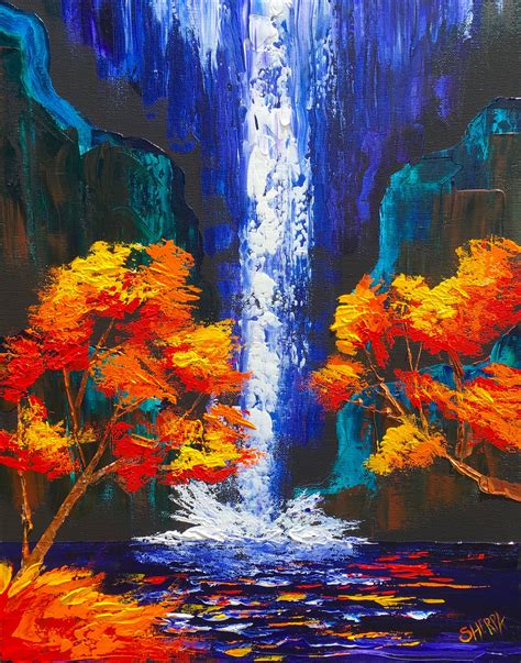 Easy Pallet Knife Of A Waterfall Landscape With Fall Trees In Acrylic On Canvas Fully Guided