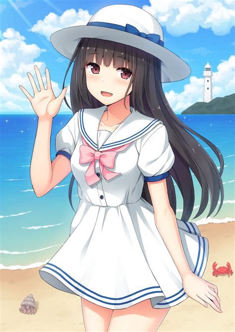 anime art ~♡ summer summertime summer dress seifuku sailor dress sun hat ribbons
