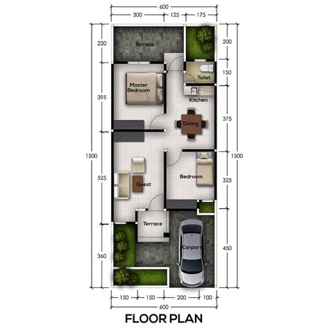 Paket produk desain rumah 1 lantai, 3 kamar tidur, lebar depan 12 m & panjang 8 m, luas tanah 100 m2, luas bangunan 60 m2. Desain dan Denah Rumah Elegan Ukuran Lahan: Panjang 15 m x ...