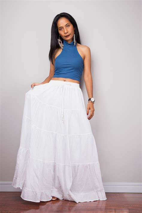 White Cotton Skirt For Women Tiered Maxi Skirt Long Off Etsy Maxi