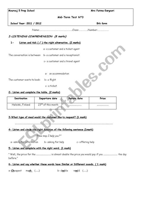 Mid Term Test N°3 Esl Worksheet By Fatma Gargouri