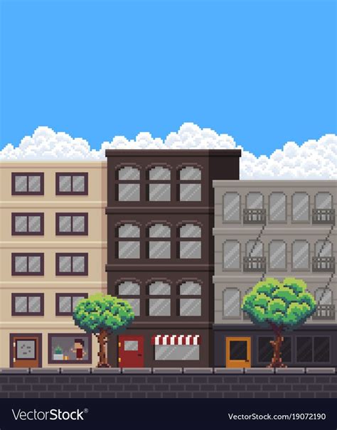 Pixel Art Street With Buildings Stores Trees And Sky With Clouds