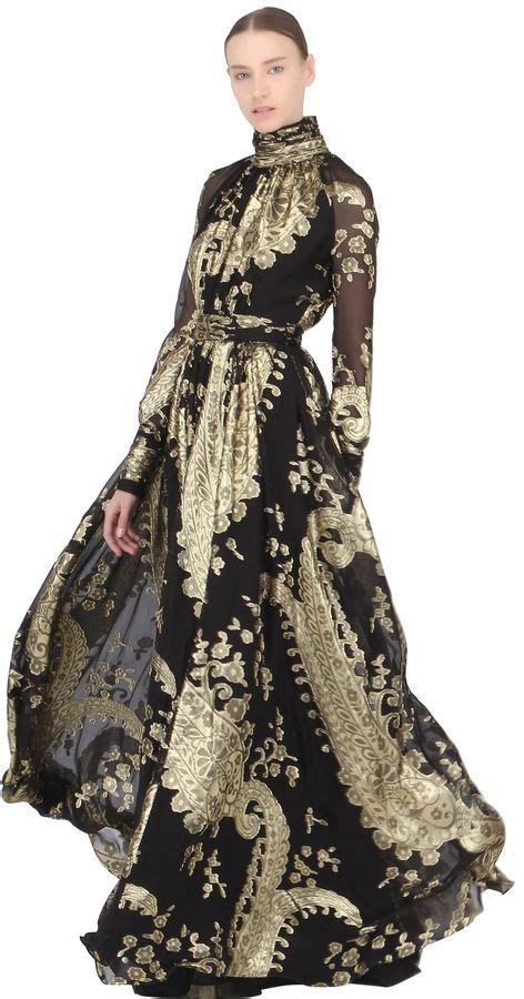 Ungaro Silk Blend Jacquard Fil Coupe Gown Long Sleeve Evening Gowns