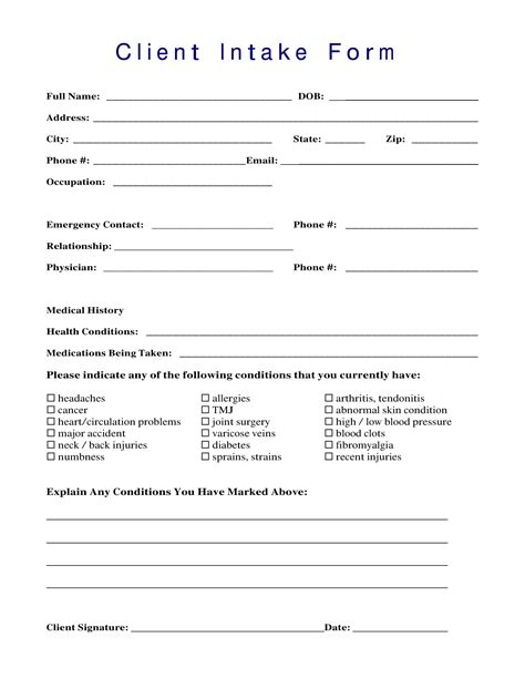 free client intake form template printable templates