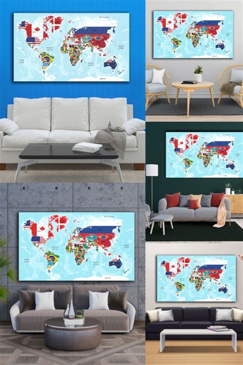 World Map Large Canvas With Countries Flags World Maps Canvas Etsy