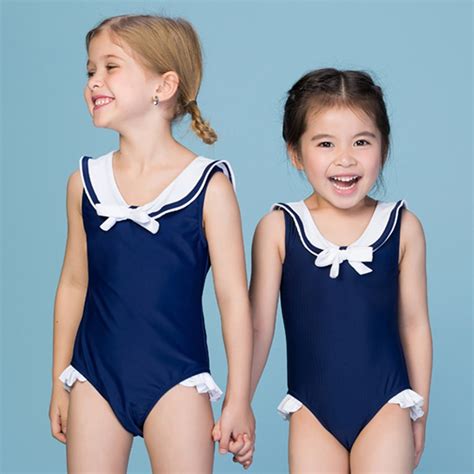 Useemall Children Swimming Clothes Navy Blue Girls Swimwear One Piece