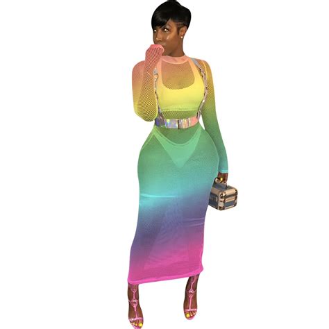 Rainbow Gradient Color Plus Size Dress Women Mesh Spliced Hollow Out