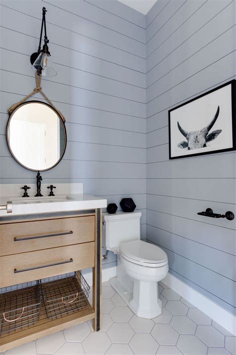 Shiplap Bathroom Beautiful Gray Blue With Wood Vanity Shiplap