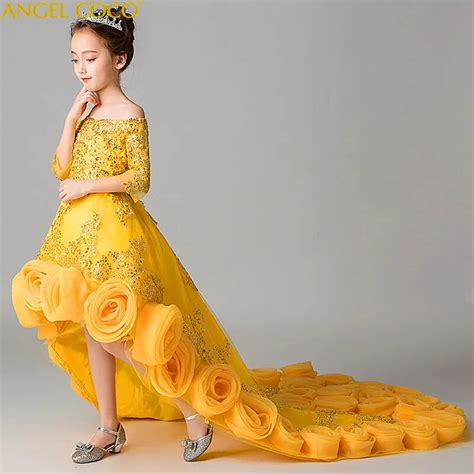 Cloud Yellow Long Flower Girls Dresses For Wedding Kids Pageant Gown