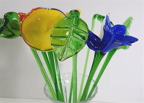 Decorative Hand Blown Glass Flower Stems And Pressed Glass Vase Ebth