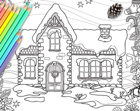 Christmas Houses Coloring Pages Christmas Line Art Stress Etsy