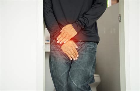 Man Patient Prostate Cancer With Hands Holding His Crotch Stock Image
