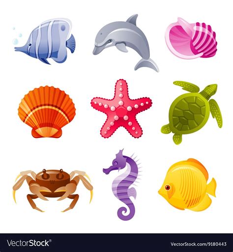 Colorful Cartoon Icon Set Of Sea Animals Vector Image On Vectorstock In