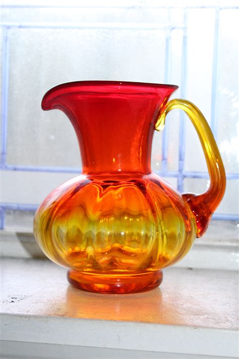 Vintage Blenko Amberina Ribbed Pitcher 1960s Art Glass