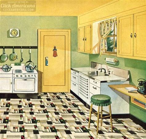An Old Fashioned Kitchen With Green Walls And Yellow Cabinets