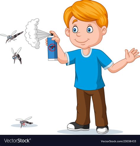 Cartoon Boy Spraying Insect Killer To Mosquitoes Vector Image