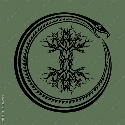 Ouroboros Serpent Curled Up Around Yggdrasil Viking Tree Of Life