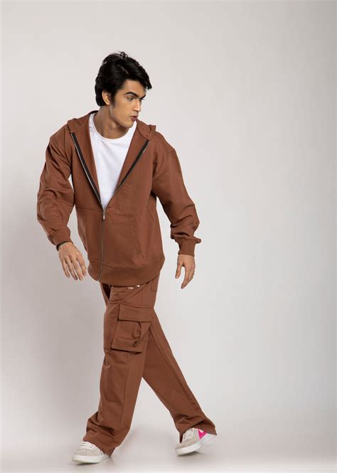 Brown Lounge Set Basic T Shirt Zipper And Utility Straight Fit Pant