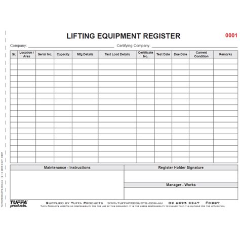 Lifting Equipment Register Logbook Tuffa Products