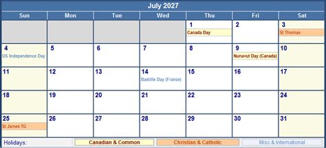 July 2027 Canada Calendar With Holidays For Printing Image Format