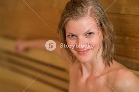 Closeup Of Smiling Sweaty Woman In Sauna Royalty Free Stock Image 1170