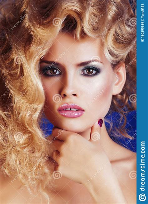 Beauty Blond Woman With Curly Hair Close Up Isolated Fashion Makeup