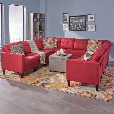 Marsh Mid Century Modern U Shaped Sectional Sofa Set Red