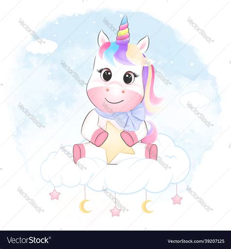 Cute Little Unicorn Sitting On The Cloud Vector Image