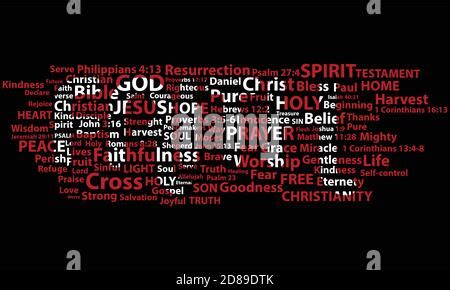 Word Jesus In White Written With Christian Words On Black Background