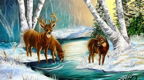 Deer Painting Snowy Woods Hd Wallpaper Peakpx