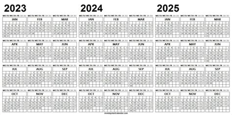 Free Calendar 2023 2024 2025 Template Printable 3 Year Calendar