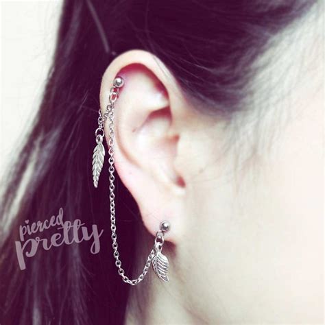 20g 16g Helix To Lobe Chain Earring Leaf Dangle Chain Earring Helix