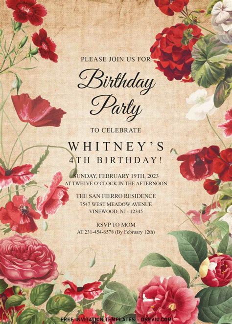 7 Elegant Vintage Floral Rose Birthday Invitation Templates Download