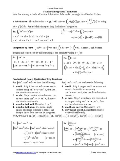 calculus cheat sheet integrals trigonometric functions sine